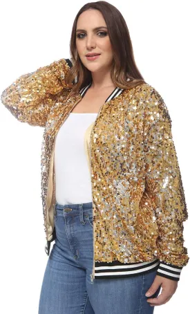Anna-Kaci Women's Plus Size Sparkly Jacket Long Sleeve Zip Up Sequin Bomber Jacket Coat