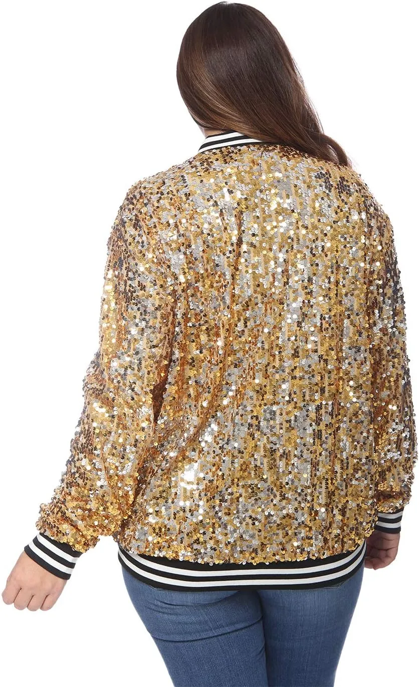 Anna-Kaci Women's Plus Size Sparkly Jacket Long Sleeve Zip Up Sequin Bomber Jacket Coat