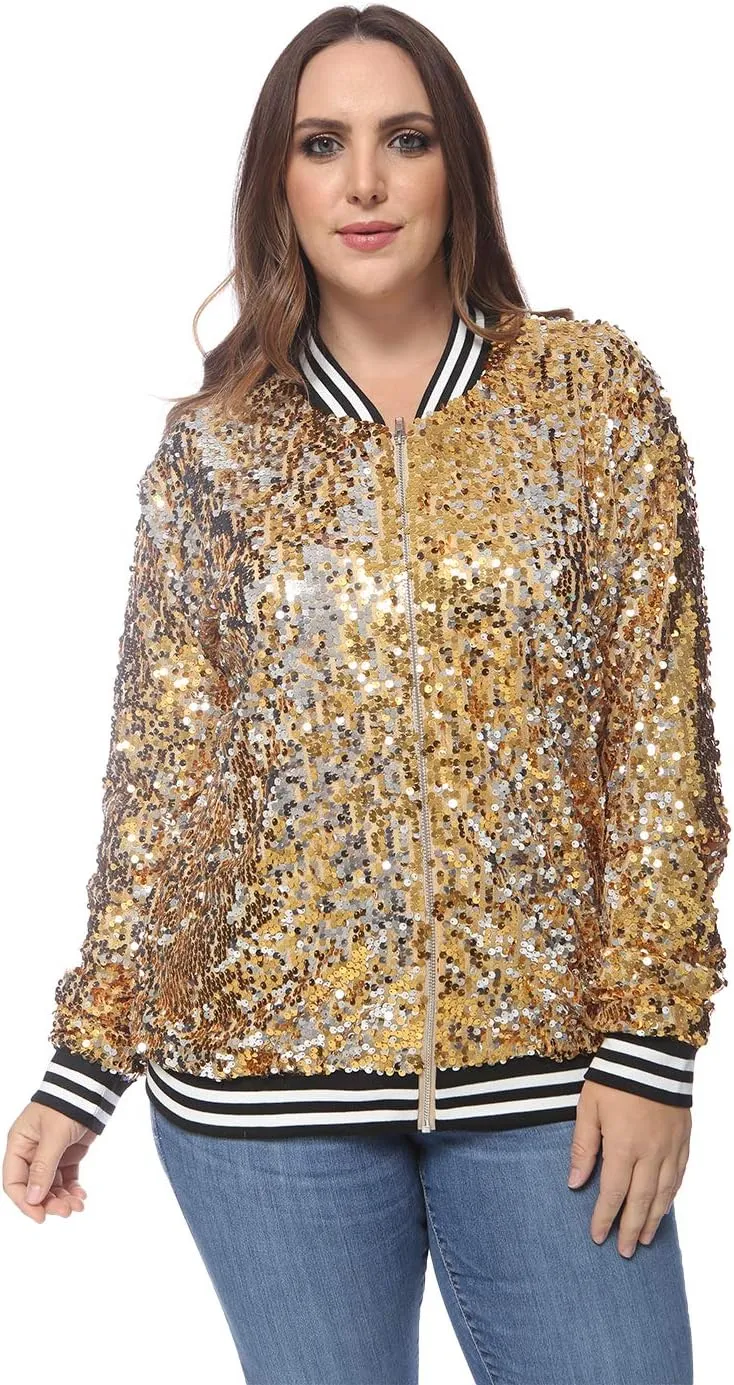Anna-Kaci Women's Plus Size Sparkly Jacket Long Sleeve Zip Up Sequin Bomber Jacket Coat