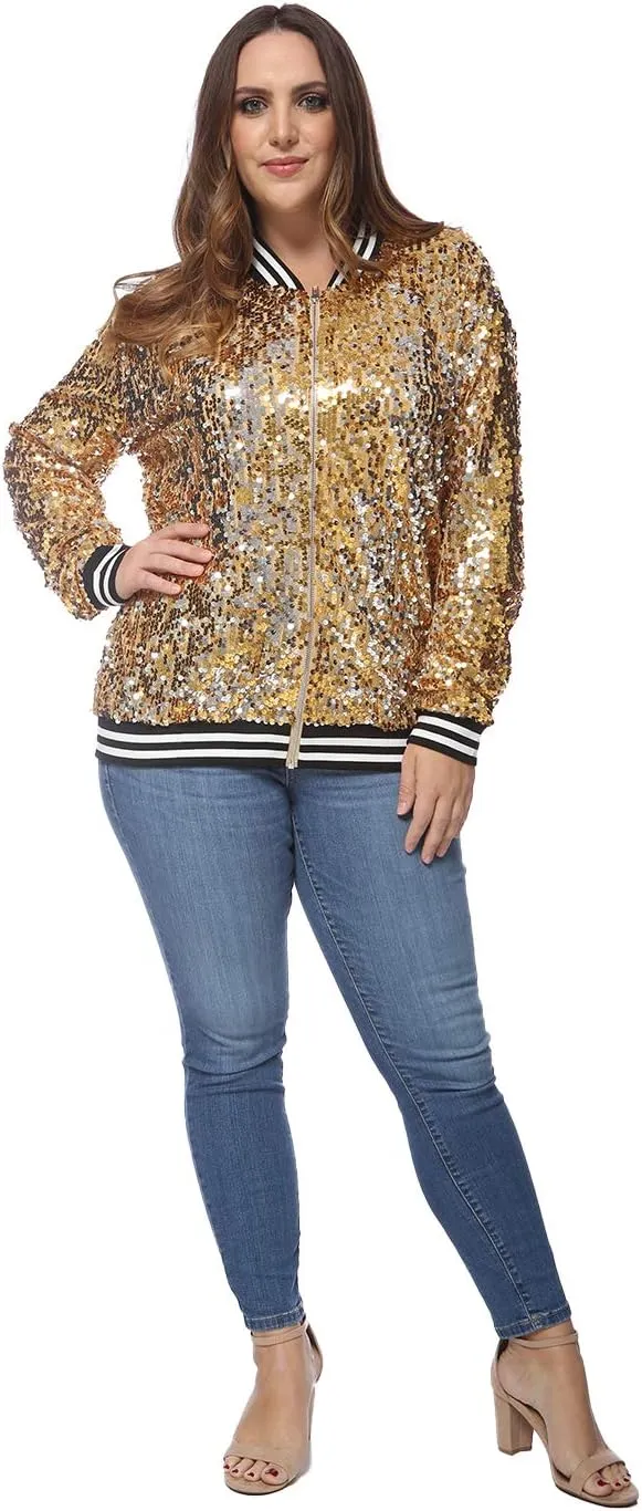 Anna-Kaci Women's Plus Size Sparkly Jacket Long Sleeve Zip Up Sequin Bomber Jacket Coat