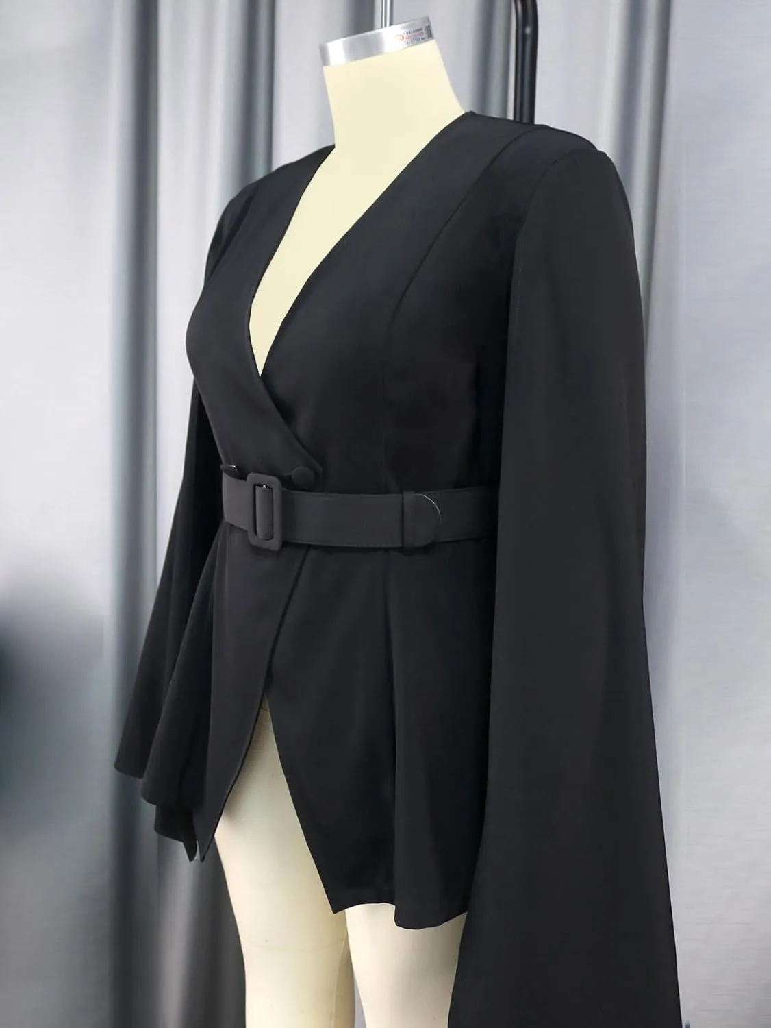 AOMEI Womens Cape Blazer Split Sleeve Open Front Casual Jacket Coat Workwear Blouse Black Tie Waist Cloak Sleeve Tops