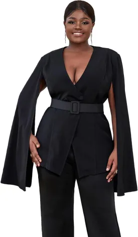 AOMEI Womens Cape Blazer Split Sleeve Open Front Casual Jacket Coat Workwear Blouse Black Tie Waist Cloak Sleeve Tops