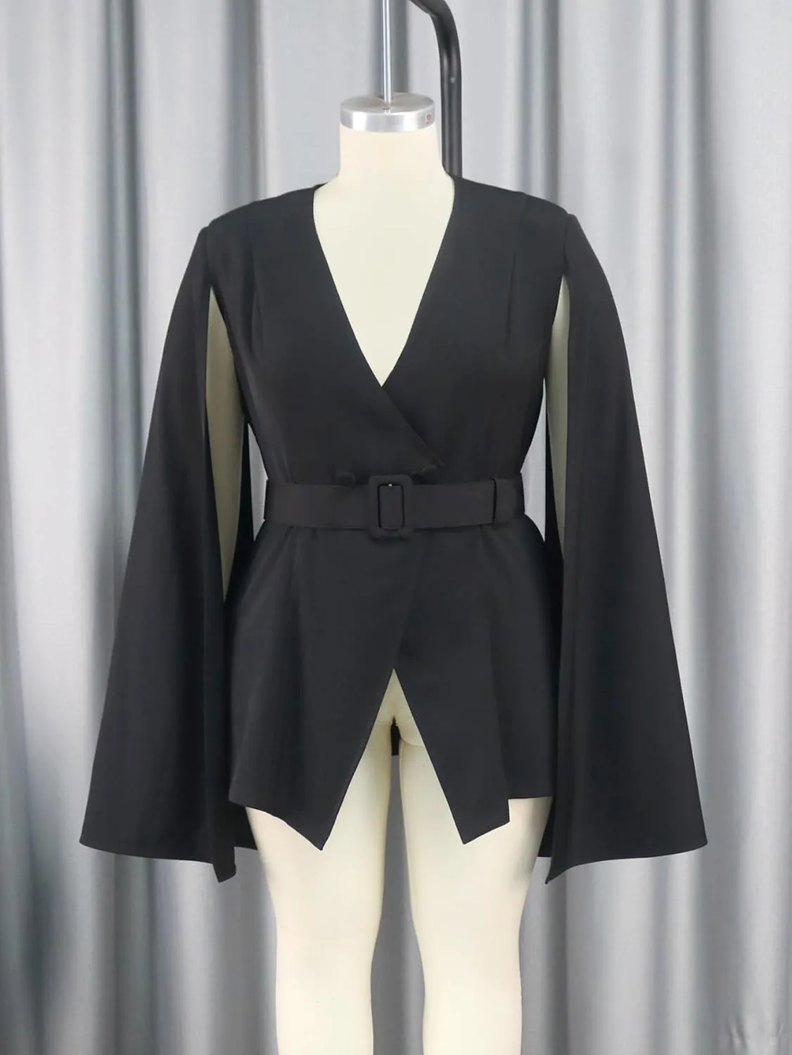 AOMEI Womens Cape Blazer Split Sleeve Open Front Casual Jacket Coat Workwear Blouse Black Tie Waist Cloak Sleeve Tops