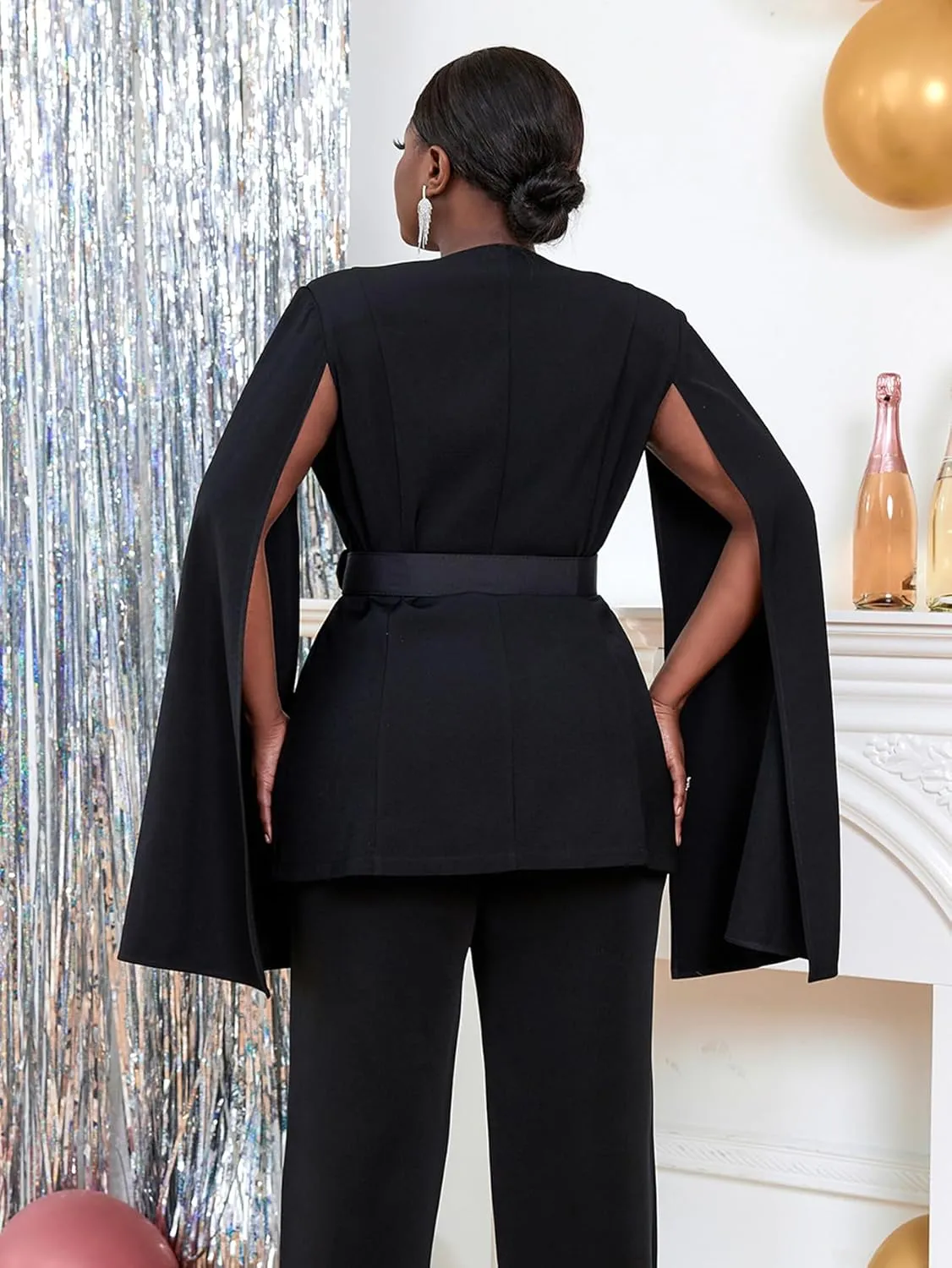 AOMEI Womens Cape Blazer Split Sleeve Open Front Casual Jacket Coat Workwear Blouse Black Tie Waist Cloak Sleeve Tops