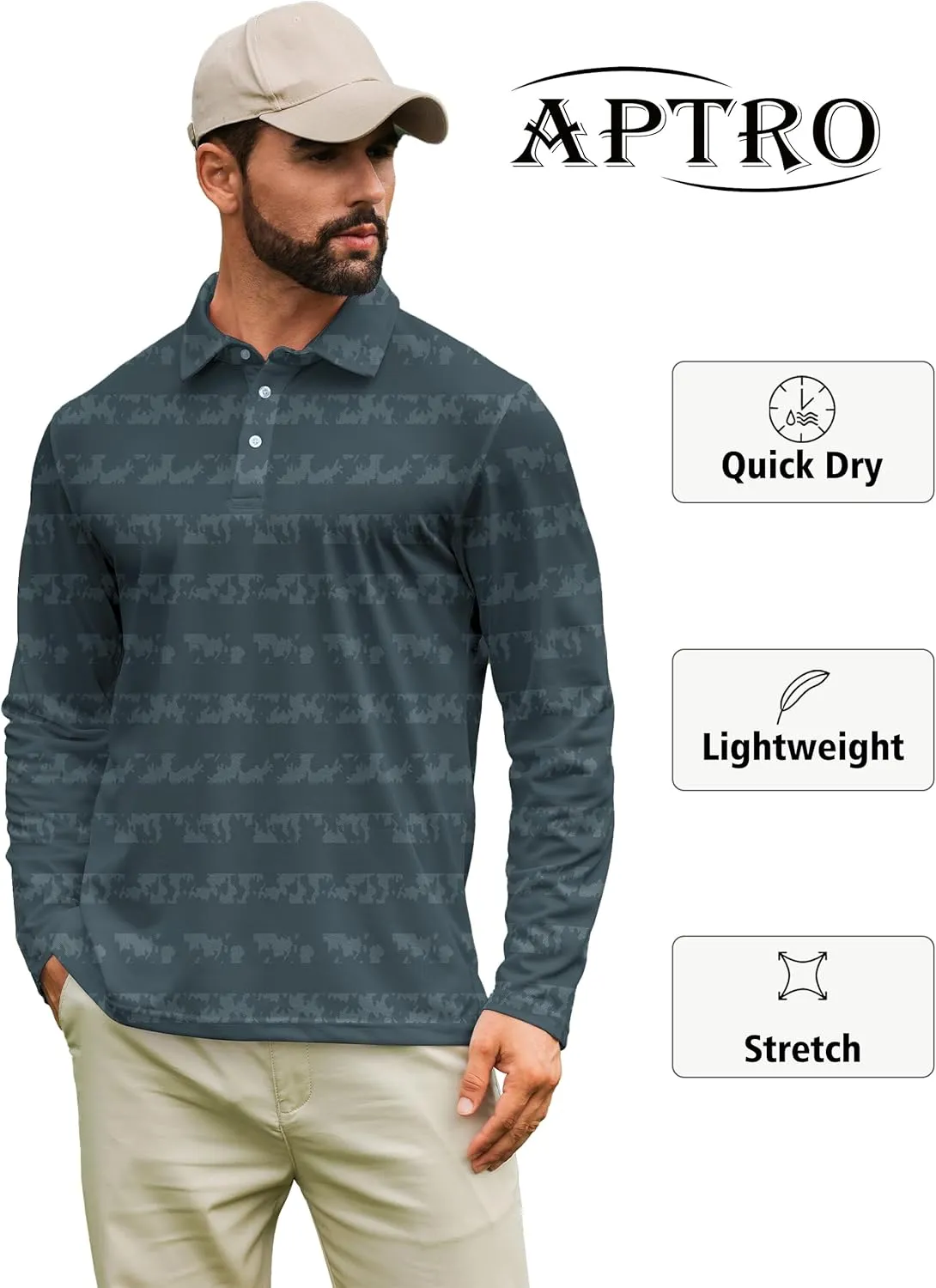 APTRO Long Sleeve Polo Shirts for Men Performance Golf Shirt Dry Fit Moisture Wicking Fashion Print T-Shirt