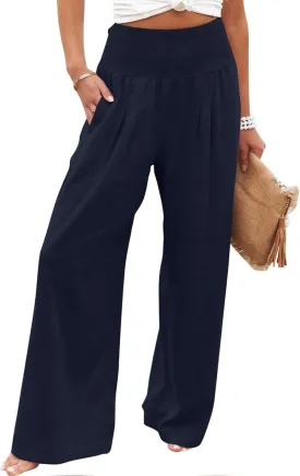 Boho Linen Palazzo Pants for Women Wide Leg Summer Lounge Pant Beach Vacation Casual Elastic High Waisted Trousers