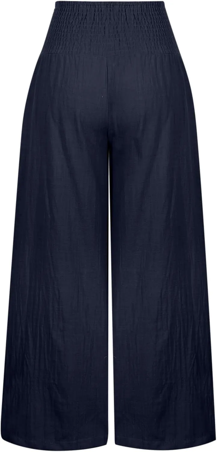 Boho Linen Palazzo Pants for Women Wide Leg Summer Lounge Pant Beach Vacation Casual Elastic High Waisted Trousers