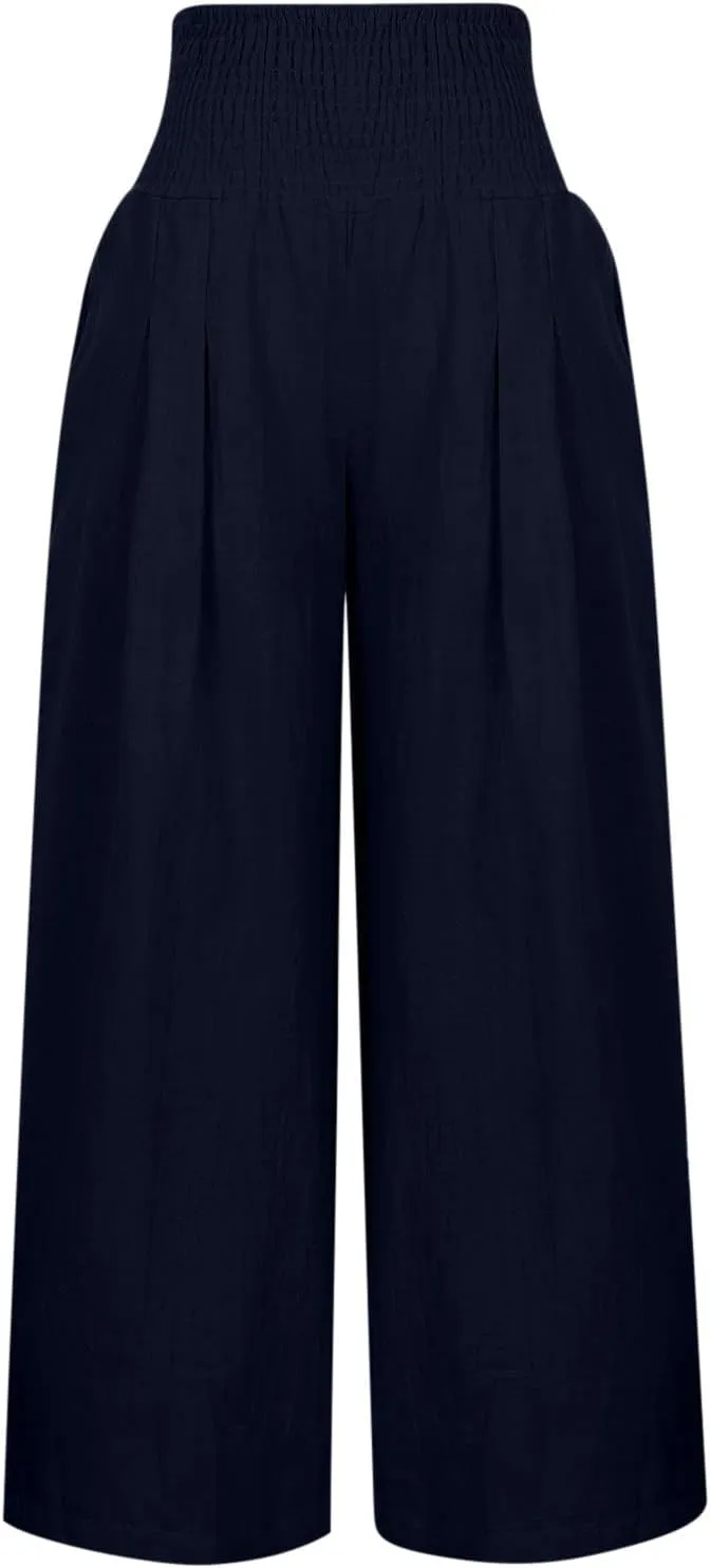 Boho Linen Palazzo Pants for Women Wide Leg Summer Lounge Pant Beach Vacation Casual Elastic High Waisted Trousers