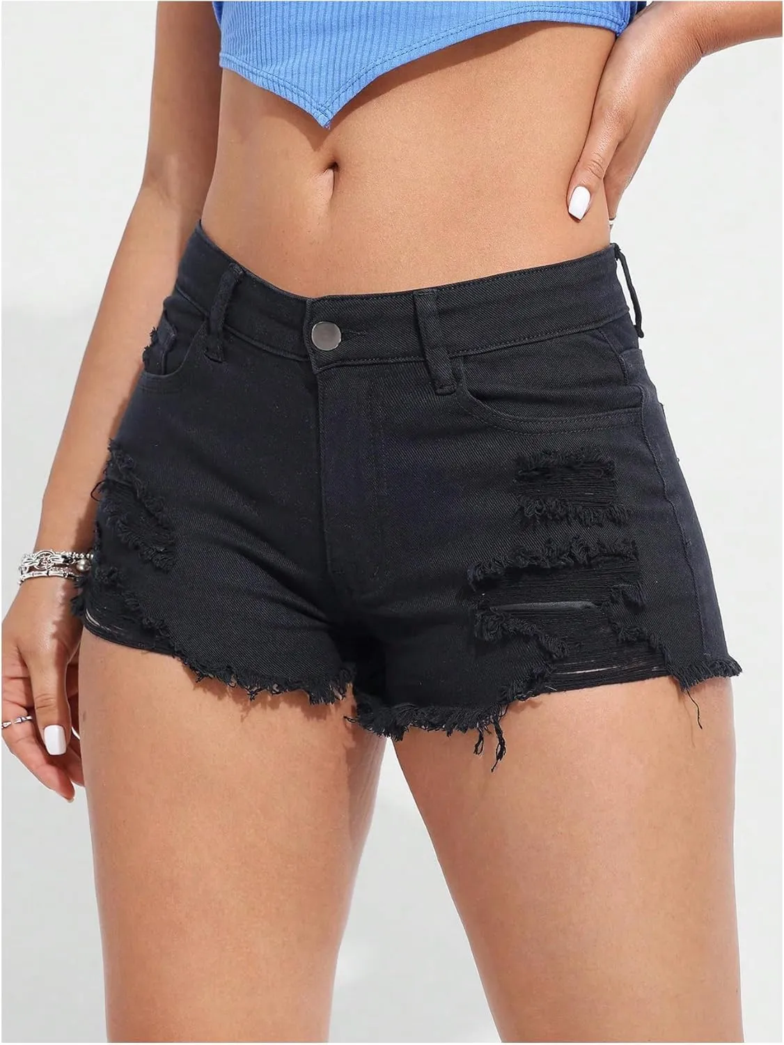 COZYEASE Women's Ripped Raw Trim Denim Shorts Plain Zipper Fly Straight Leg Jean Shorts
