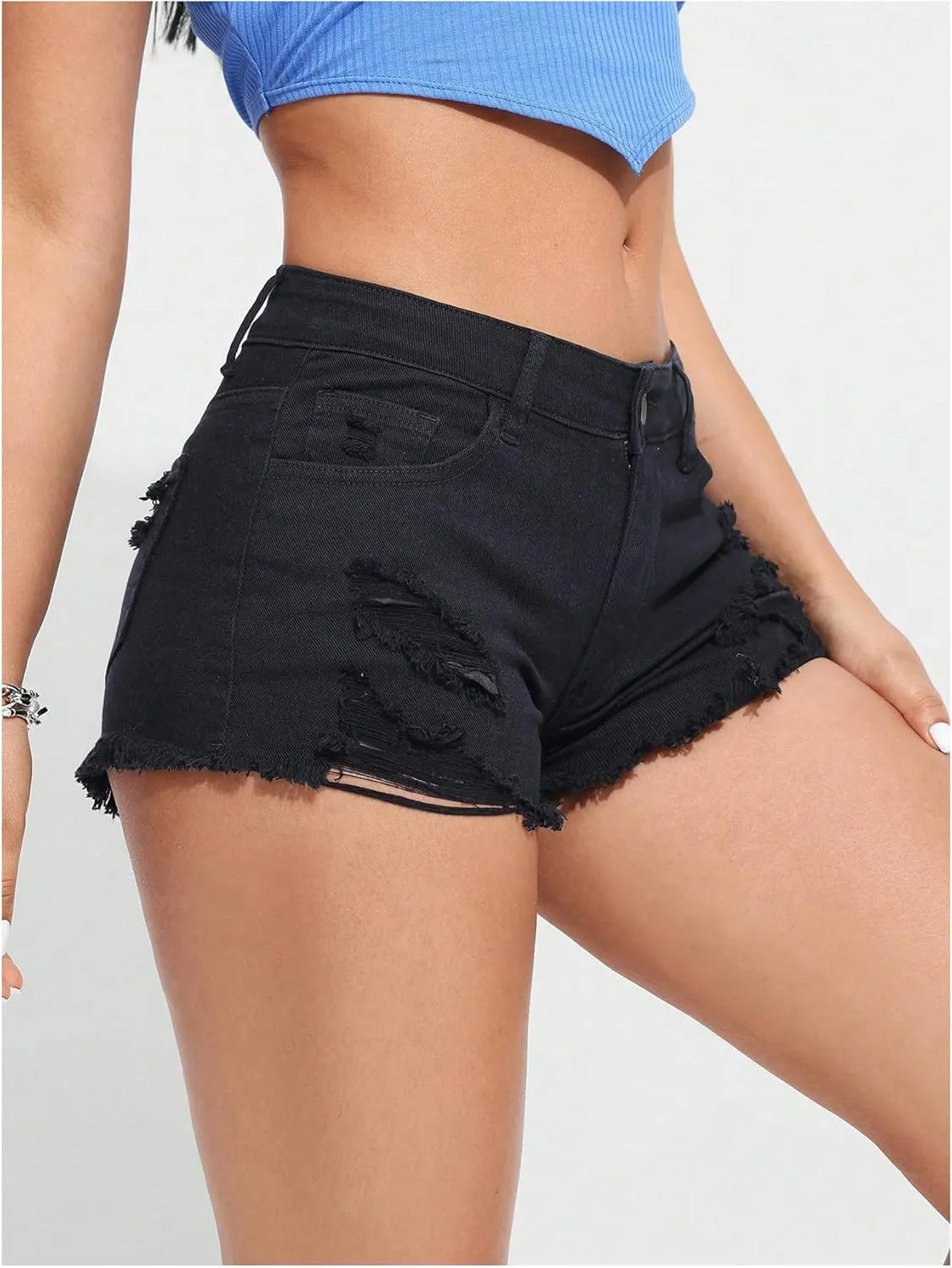 COZYEASE Women's Ripped Raw Trim Denim Shorts Plain Zipper Fly Straight Leg Jean Shorts