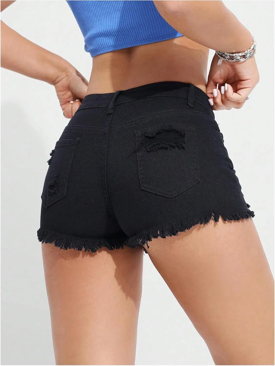 COZYEASE Women's Ripped Raw Trim Denim Shorts Plain Zipper Fly Straight Leg Jean Shorts
