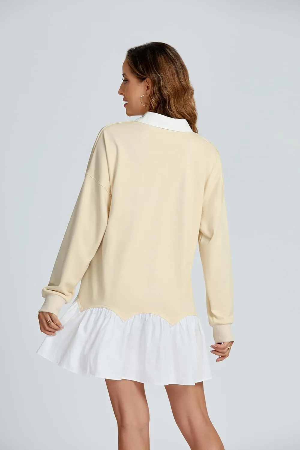 D-Sun Women V-Neck Oversized Sweatshirt Mini Dress Long Sleeves Patchwork Tunic Dress Pleated Ruffle Hem Pullover Top