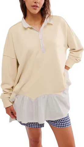 D-Sun Women V-Neck Oversized Sweatshirt Mini Dress Long Sleeves Patchwork Tunic Dress Pleated Ruffle Hem Pullover Top