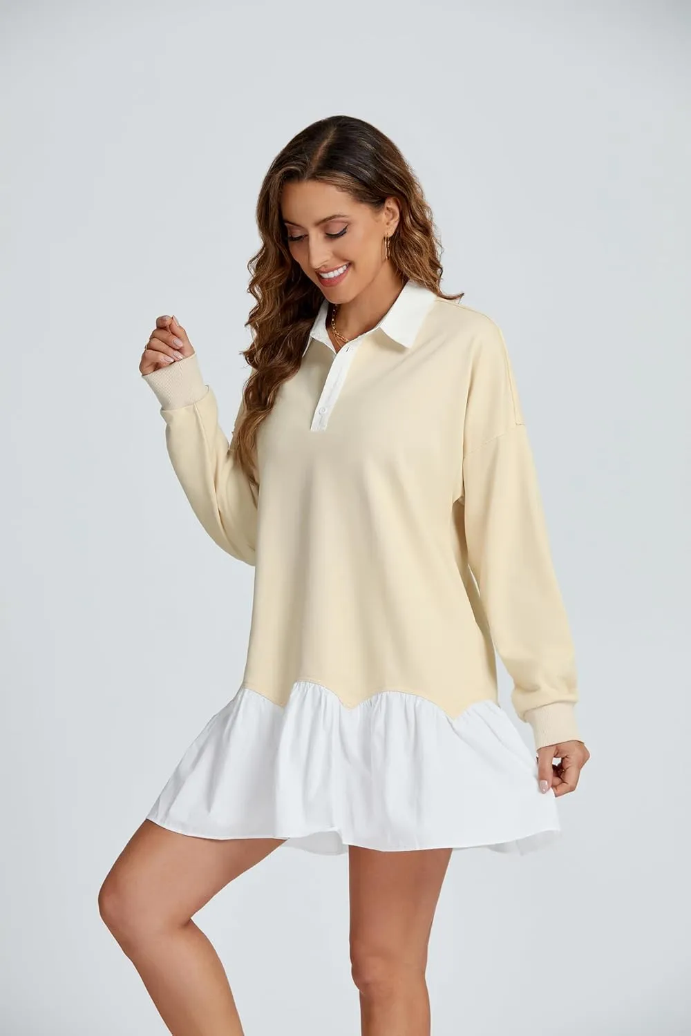 D-Sun Women V-Neck Oversized Sweatshirt Mini Dress Long Sleeves Patchwork Tunic Dress Pleated Ruffle Hem Pullover Top