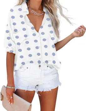 Diosun Womens Button Down Shirts V Neck Casual Long Sleeve Roll Up Loose Plain Blouses Tops with Pockets