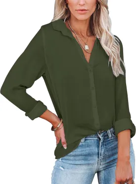 Diosun Womens Button Down V Neck Shirts Long/Short Sleeve Office Casual Business Plain Blouses Tops