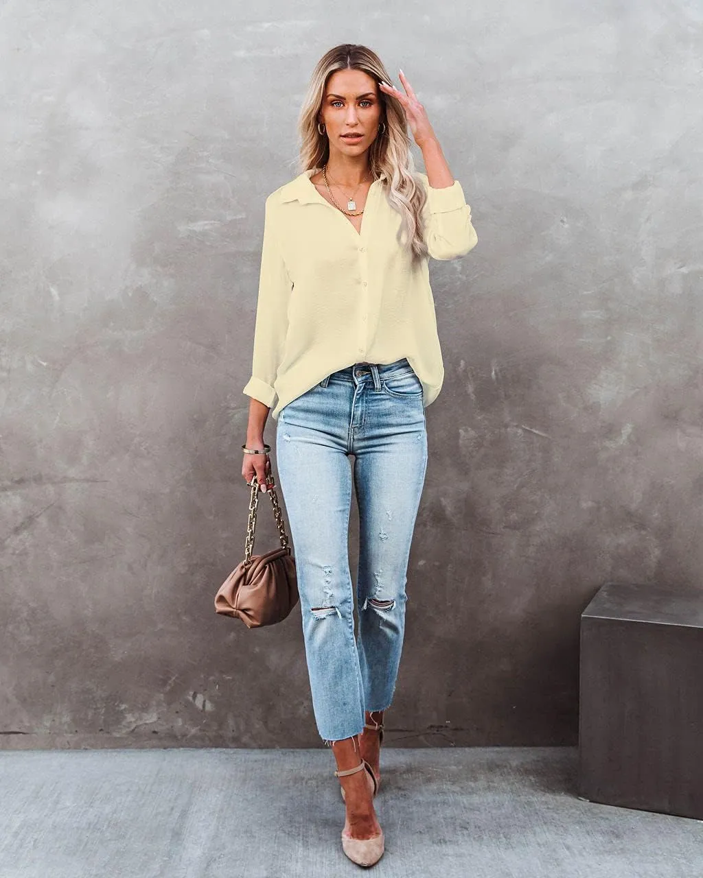 Diosun Womens Button Down V Neck Shirts Long/Short Sleeve Office Casual Business Plain Blouses Tops