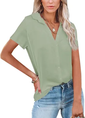 Diosun Womens Button Down V Neck Shirts Long/Short Sleeve Office Casual Business Plain Blouses Tops