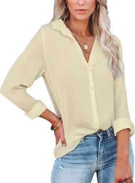 Diosun Womens Button Down V Neck Shirts Long/Short Sleeve Office Casual Business Plain Blouses Tops
