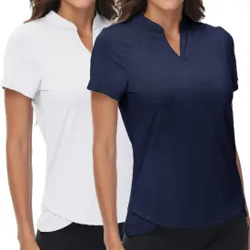 DOTIN Women's 2 Pack V-Neck Golf Polo Shirts Short Sleeve Collarless Quick Dry Sport T-Shirts Workout Tops