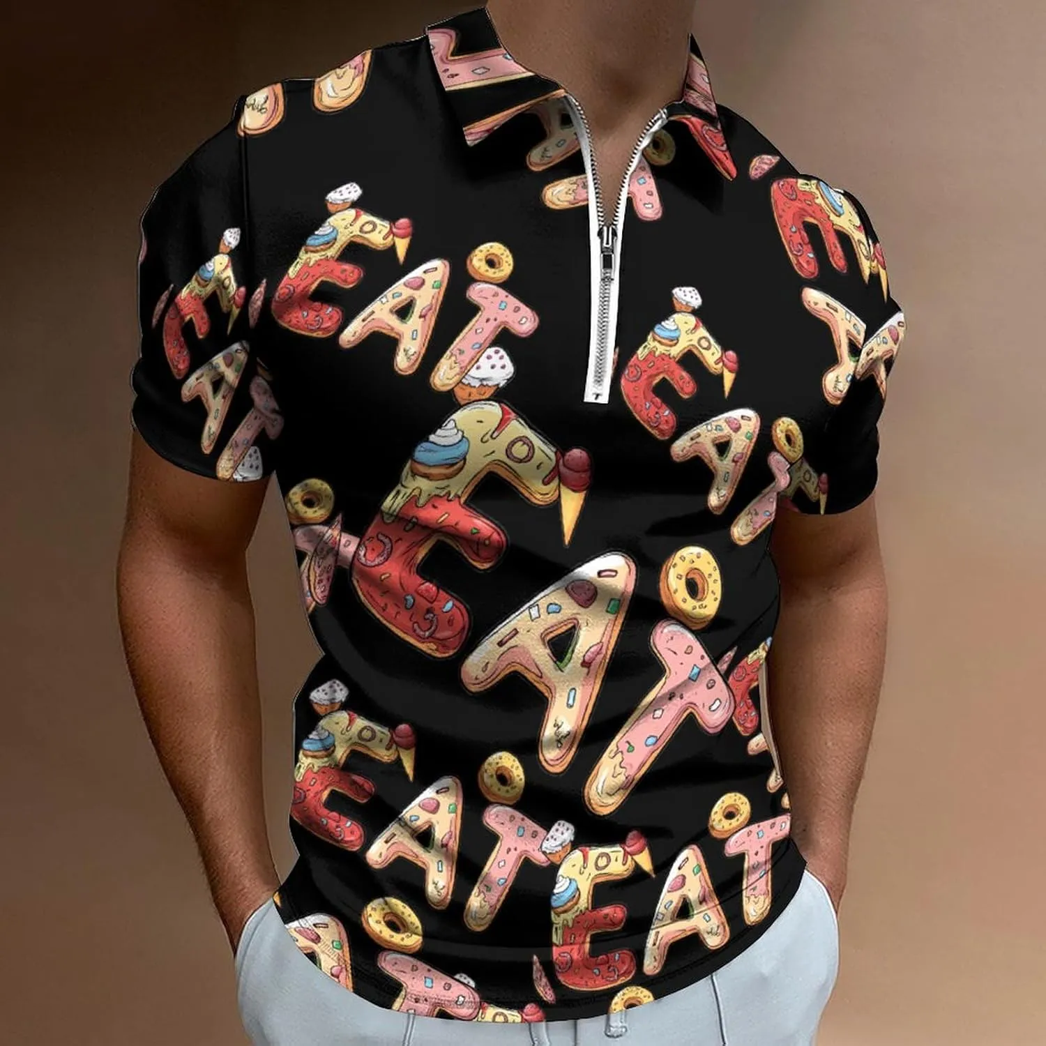 EAT Foodie Trendy Polo Shirts for Men Short Sleeve Lapel Collar Zipper T-Shirts Outdoor Sports