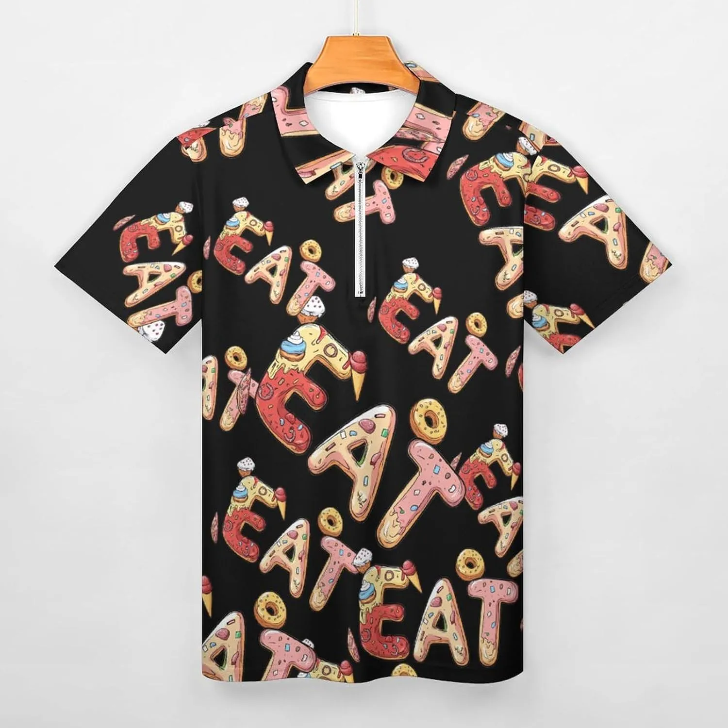 EAT Foodie Trendy Polo Shirts for Men Short Sleeve Lapel Collar Zipper T-Shirts Outdoor Sports