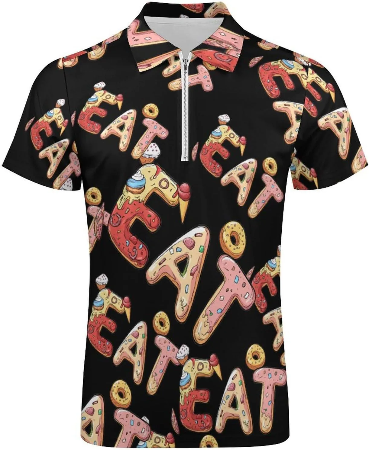 EAT Foodie Trendy Polo Shirts for Men Short Sleeve Lapel Collar Zipper T-Shirts Outdoor Sports