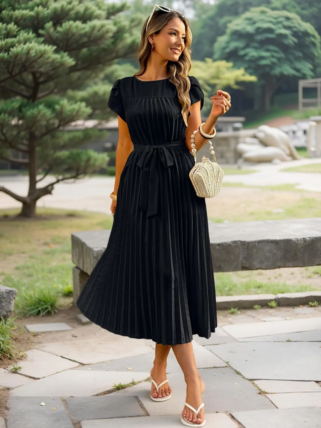ECOWISH Summer Maxi Dress Women Cocktail Formal Wedding Guest Long Short Sleeve Pleated Dresses Empire Waist Crew Neck Slit