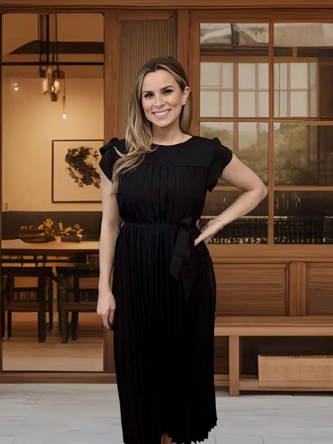 ECOWISH Summer Maxi Dress Women Cocktail Formal Wedding Guest Long Short Sleeve Pleated Dresses Empire Waist Crew Neck Slit