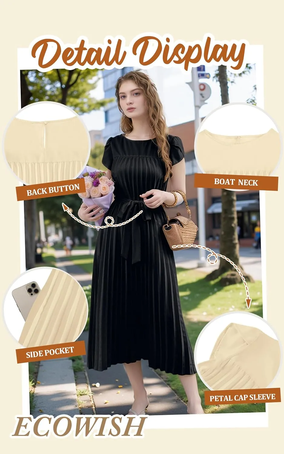 ECOWISH Summer Maxi Dress Women Cocktail Formal Wedding Guest Long Short Sleeve Pleated Dresses Empire Waist Crew Neck Slit