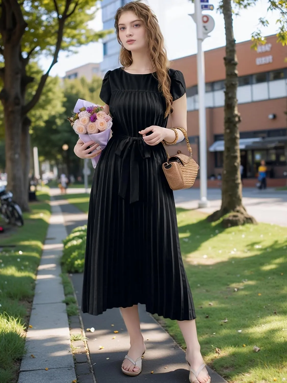 ECOWISH Summer Maxi Dress Women Cocktail Formal Wedding Guest Long Short Sleeve Pleated Dresses Empire Waist Crew Neck Slit