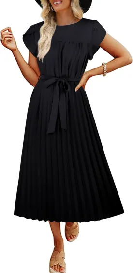ECOWISH Summer Maxi Dress Women Cocktail Formal Wedding Guest Long Short Sleeve Pleated Dresses Empire Waist Crew Neck Slit