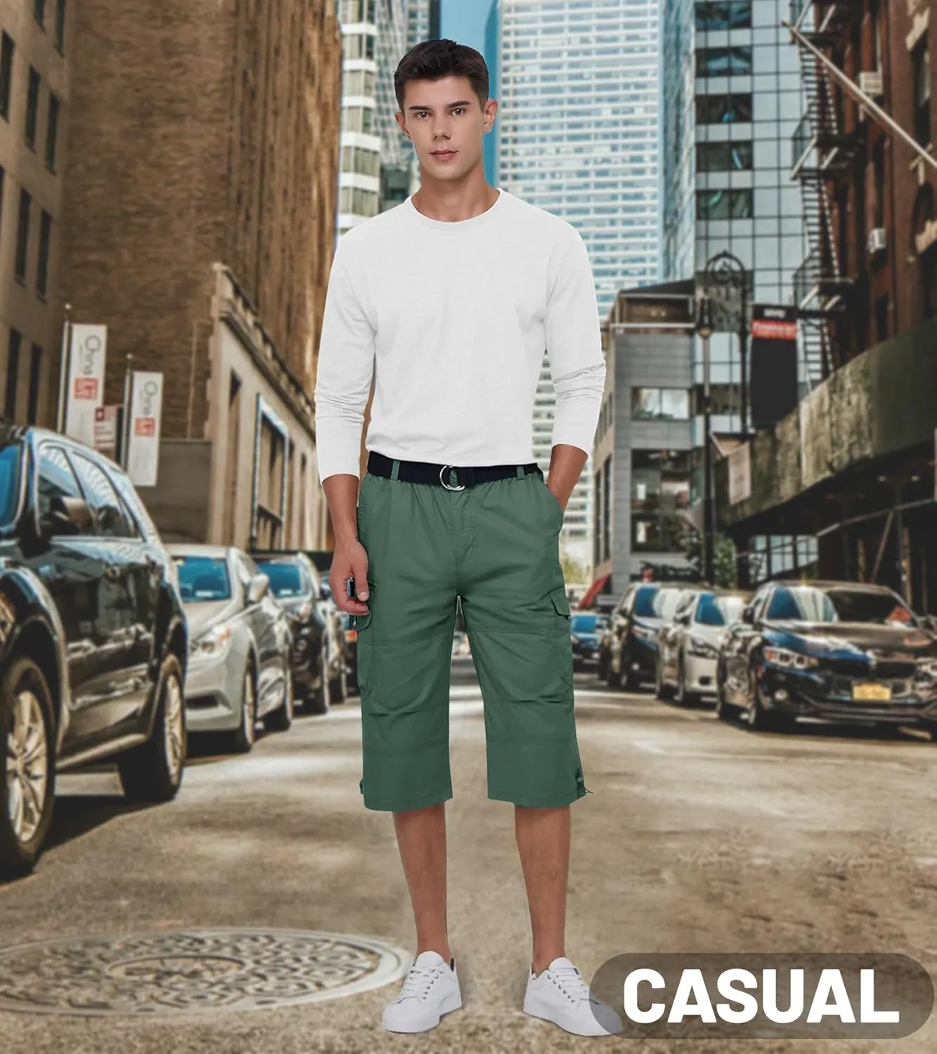 EKLENTSON Men's Cargo Shorts Casual Twill Elastic 3/4 Capri Pants Below Knee Long Shorts with 7 Pockets
