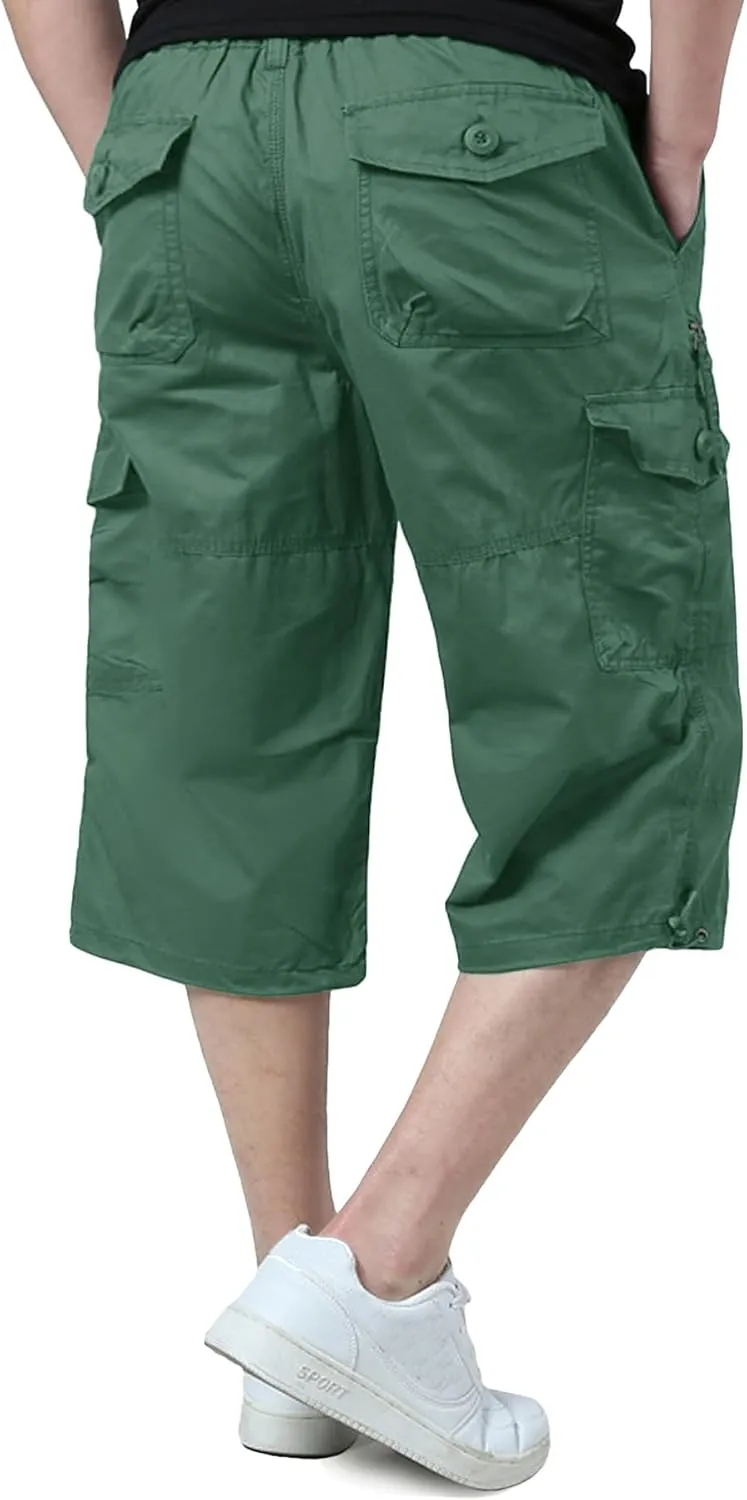 EKLENTSON Men's Cargo Shorts Casual Twill Elastic 3/4 Capri Pants Below Knee Long Shorts with 7 Pockets