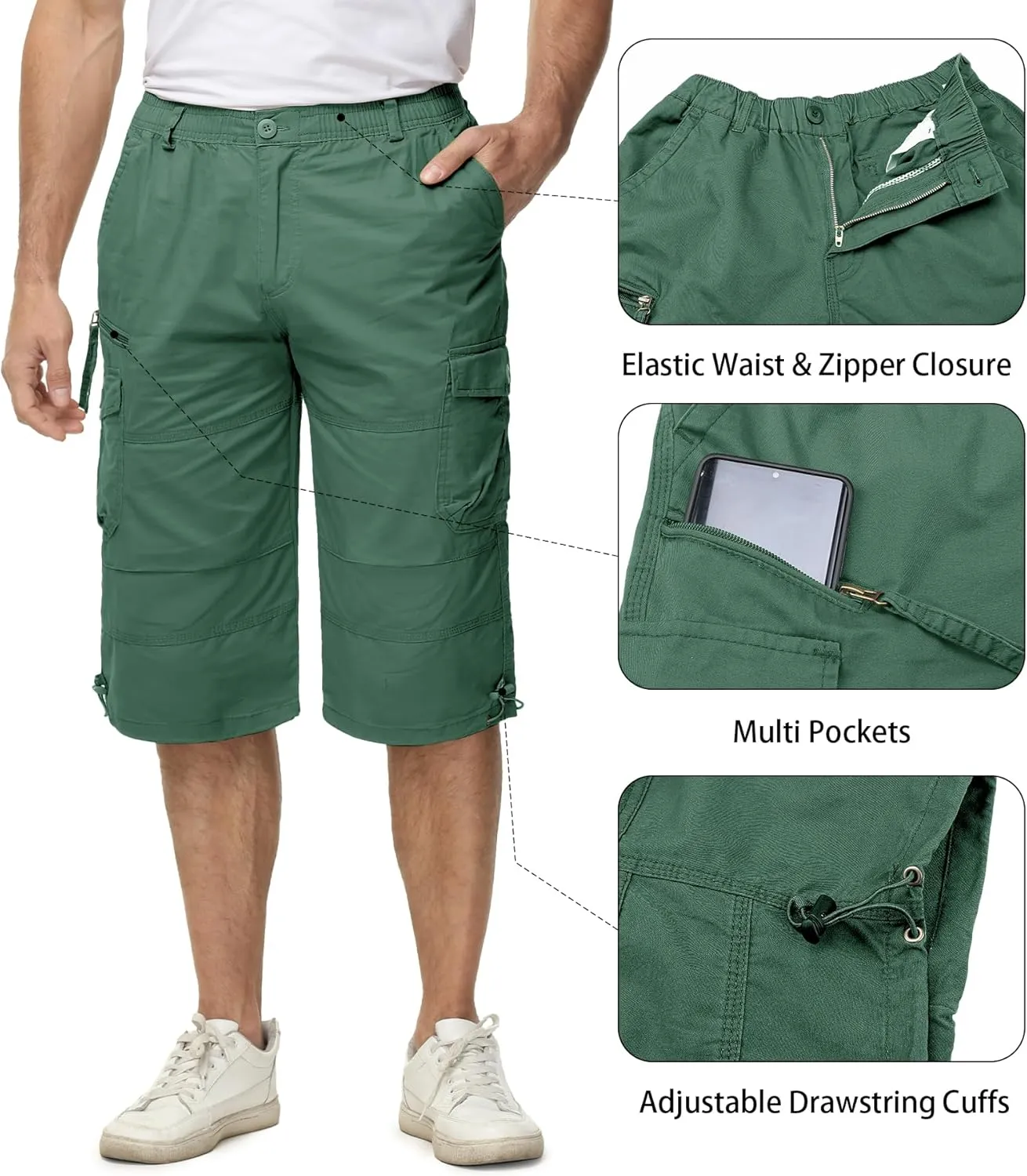 EKLENTSON Men's Cargo Shorts Casual Twill Elastic 3/4 Capri Pants Below Knee Long Shorts with 7 Pockets
