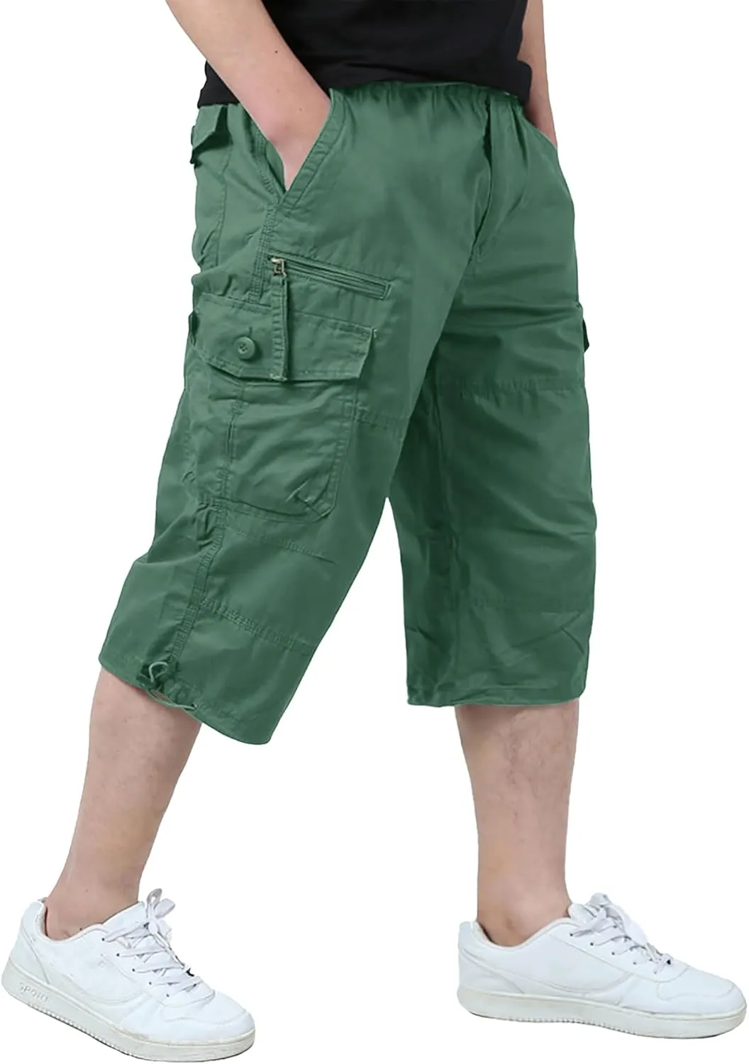 EKLENTSON Men's Cargo Shorts Casual Twill Elastic 3/4 Capri Pants Below Knee Long Shorts with 7 Pockets