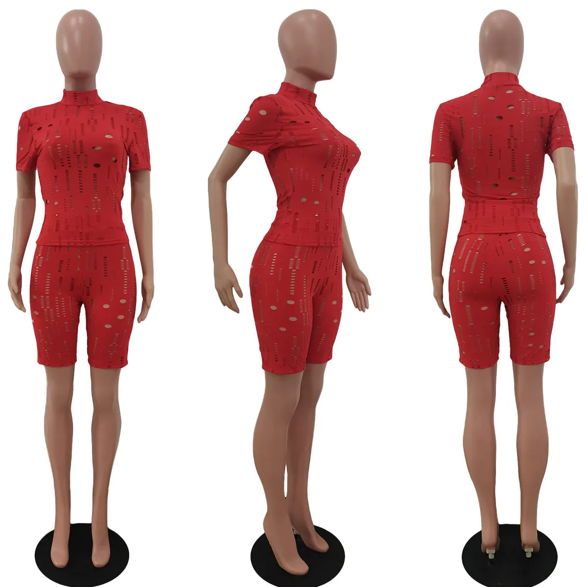 Fashion Ripped Short Sleeve Shorts Two Piece Set（AY1804）
