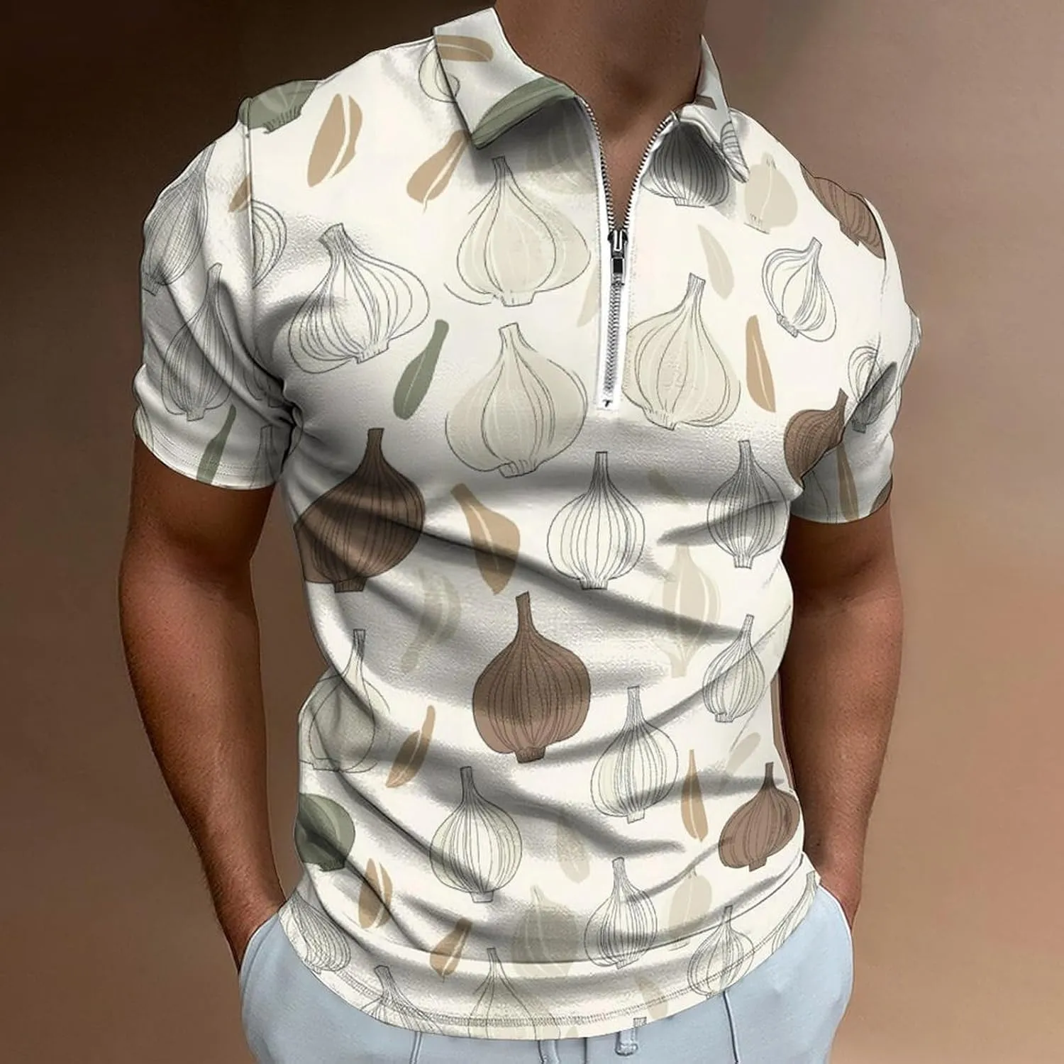 Garlic Pattern Trendy Polo Shirts for Men Short Sleeve Lapel Collar Zipper T-Shirts Outdoor Sports
