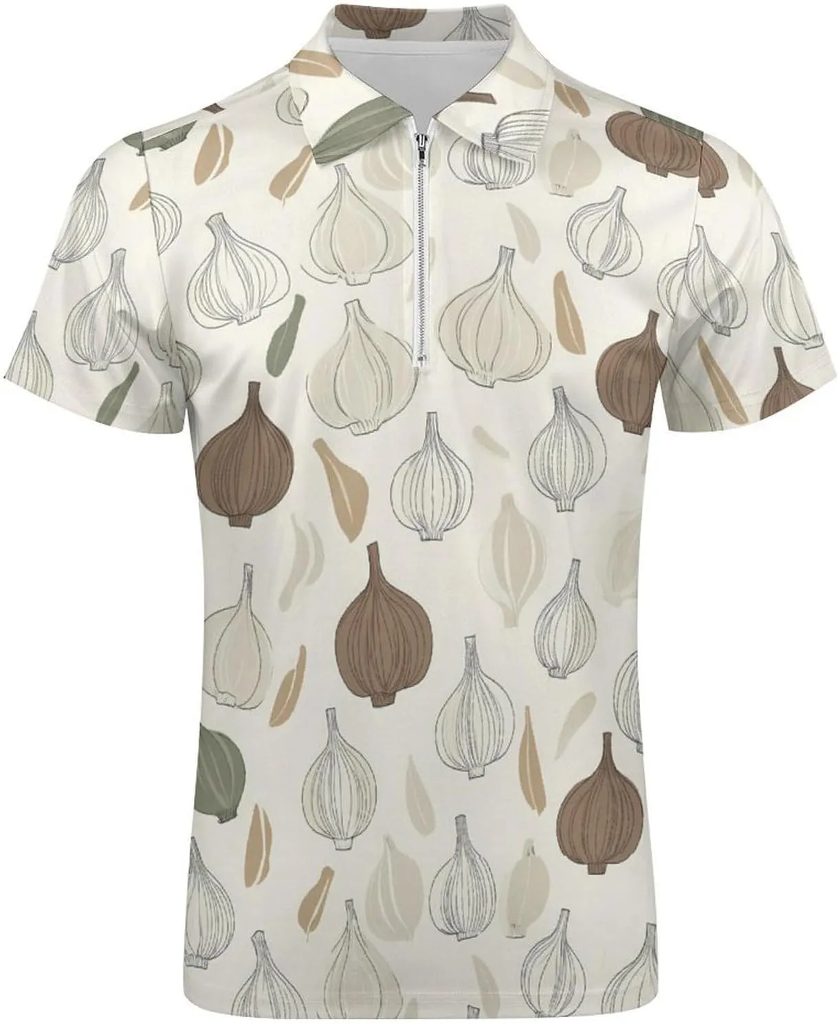 Garlic Pattern Trendy Polo Shirts for Men Short Sleeve Lapel Collar Zipper T-Shirts Outdoor Sports