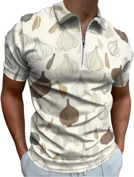 Garlic Pattern Trendy Polo Shirts for Men Short Sleeve Lapel Collar Zipper T-Shirts Outdoor Sports
