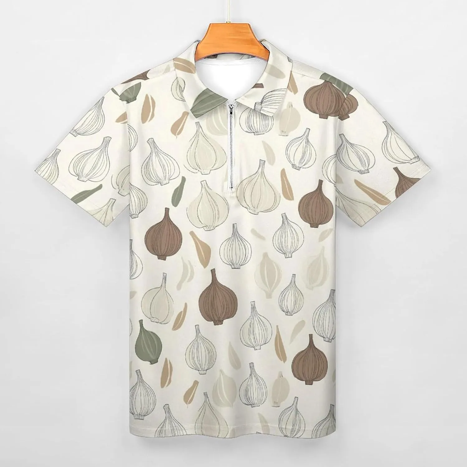 Garlic Pattern Trendy Polo Shirts for Men Short Sleeve Lapel Collar Zipper T-Shirts Outdoor Sports