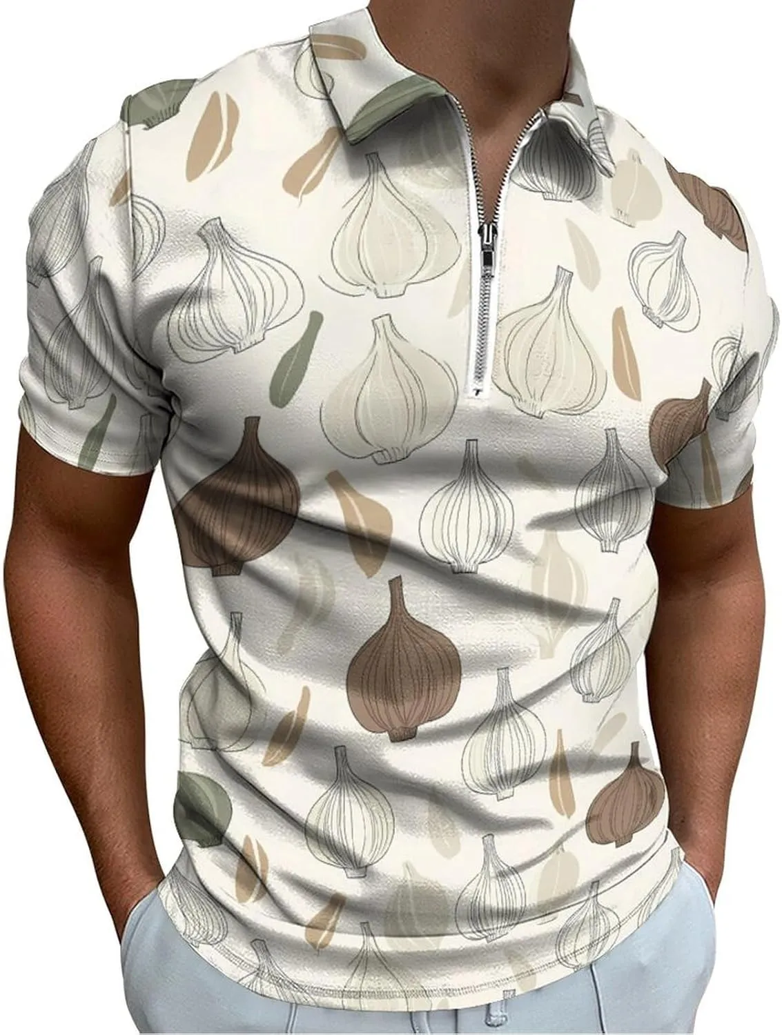 Garlic Pattern Trendy Polo Shirts for Men Short Sleeve Lapel Collar Zipper T-Shirts Outdoor Sports