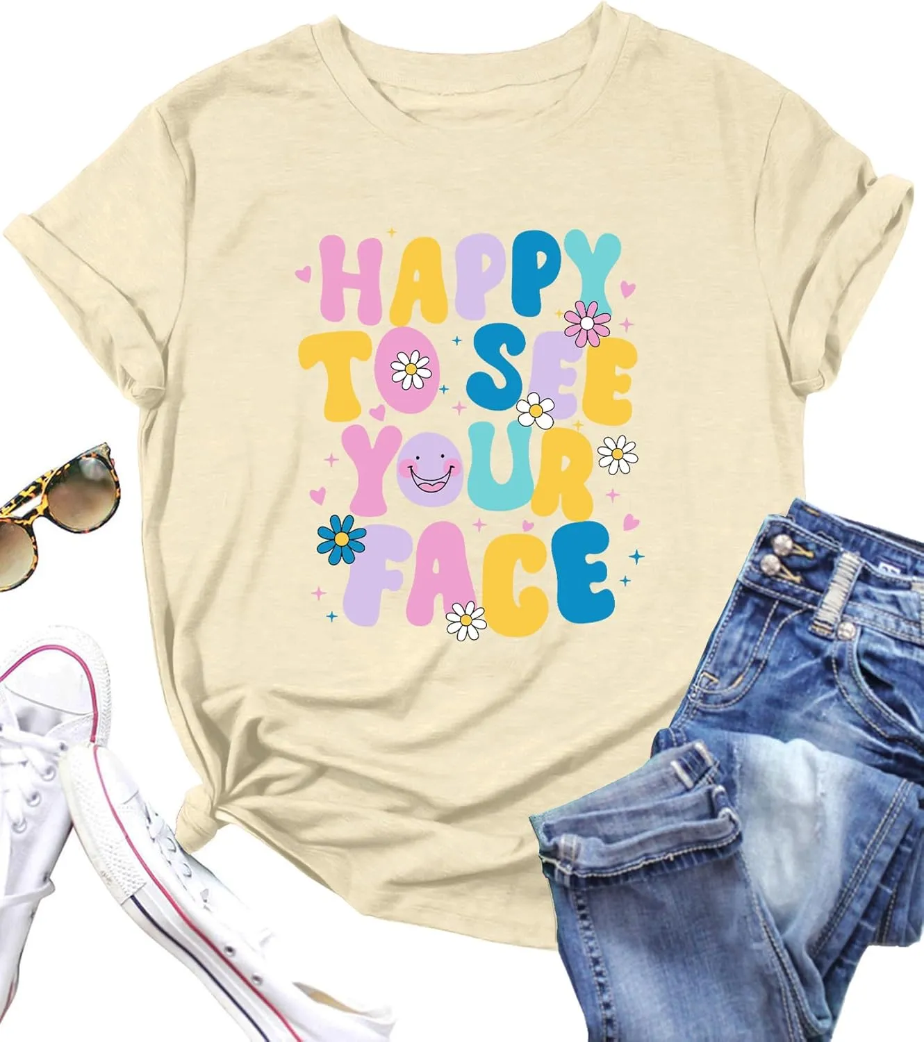 Happy to See Your Face Shirt: Women Funny Teacher T-Shirt First Day of School Shirts Groovy Back to School Tee Top