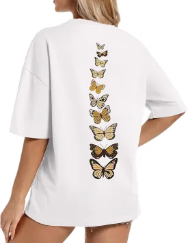 Hetdevi Oversized Graphic Tees for Women Vintage Butterfly Tshirts Cotton Loose Fit Aesthetic Shirts Boho Baggy Workout Shirt