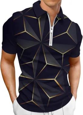 Hodaweisolp Men's Short Sleeve Zipper Casual Slim Fit Printed Golf Polo Shirt Tops