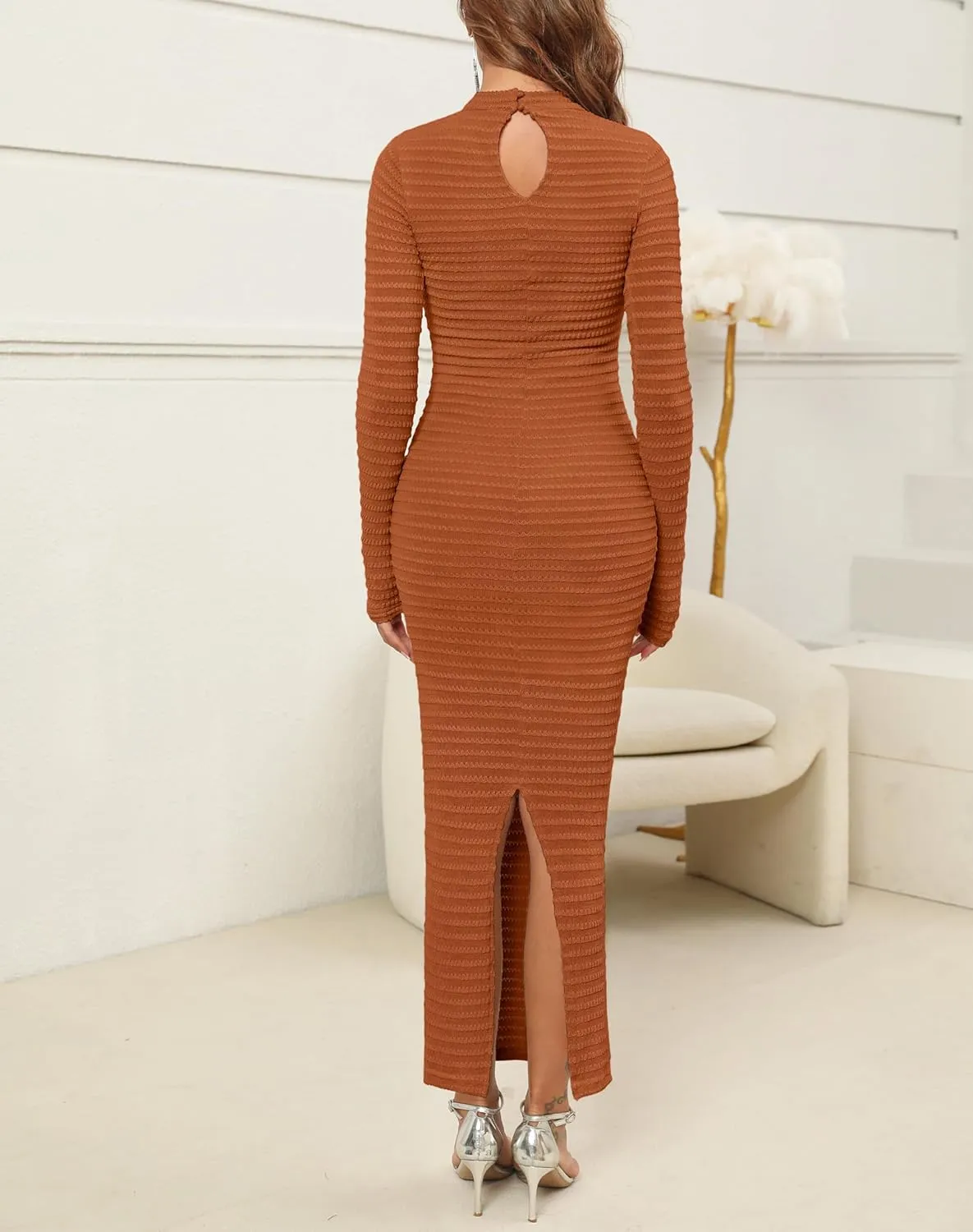 Kranda Women's 2025 Spring Sweater Dress Long Sleeve High Neck Slim Fit Casual Formal Long Bodycon Knit Winter Maxi Dress