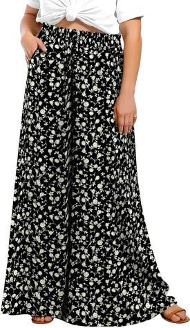 Lastshe Women's Plus Size Pants Wide Leg High Waist Flowy Casual Palazzo 2025 Summer Lounge Boho Beach Trousers Pockets