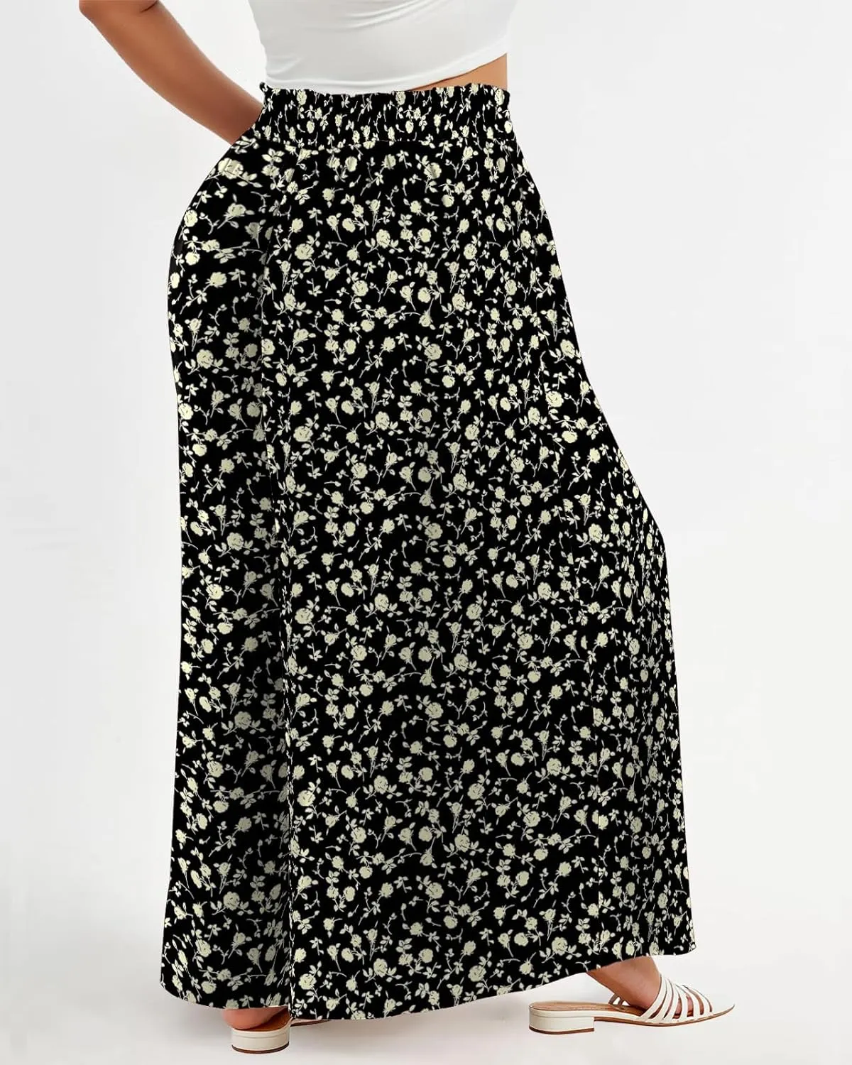 Lastshe Women's Plus Size Pants Wide Leg High Waist Flowy Casual Palazzo 2025 Summer Lounge Boho Beach Trousers Pockets
