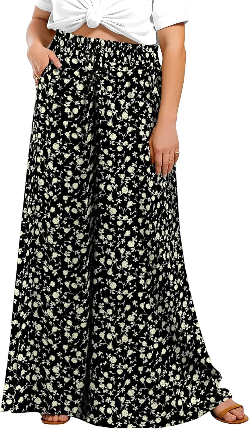 Lastshe Women's Plus Size Pants Wide Leg High Waist Flowy Casual Palazzo 2025 Summer Lounge Boho Beach Trousers Pockets