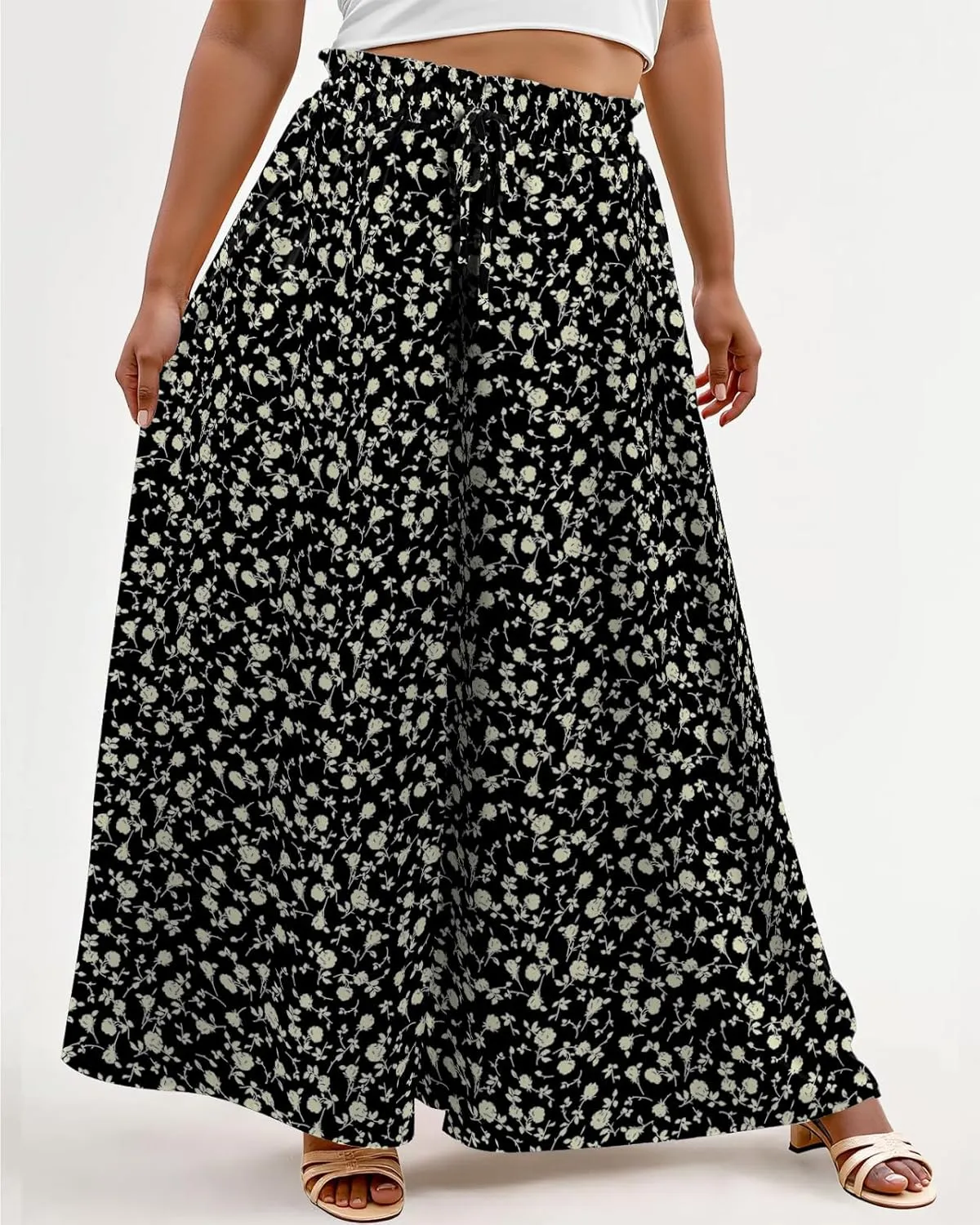 Lastshe Women's Plus Size Pants Wide Leg High Waist Flowy Casual Palazzo 2025 Summer Lounge Boho Beach Trousers Pockets